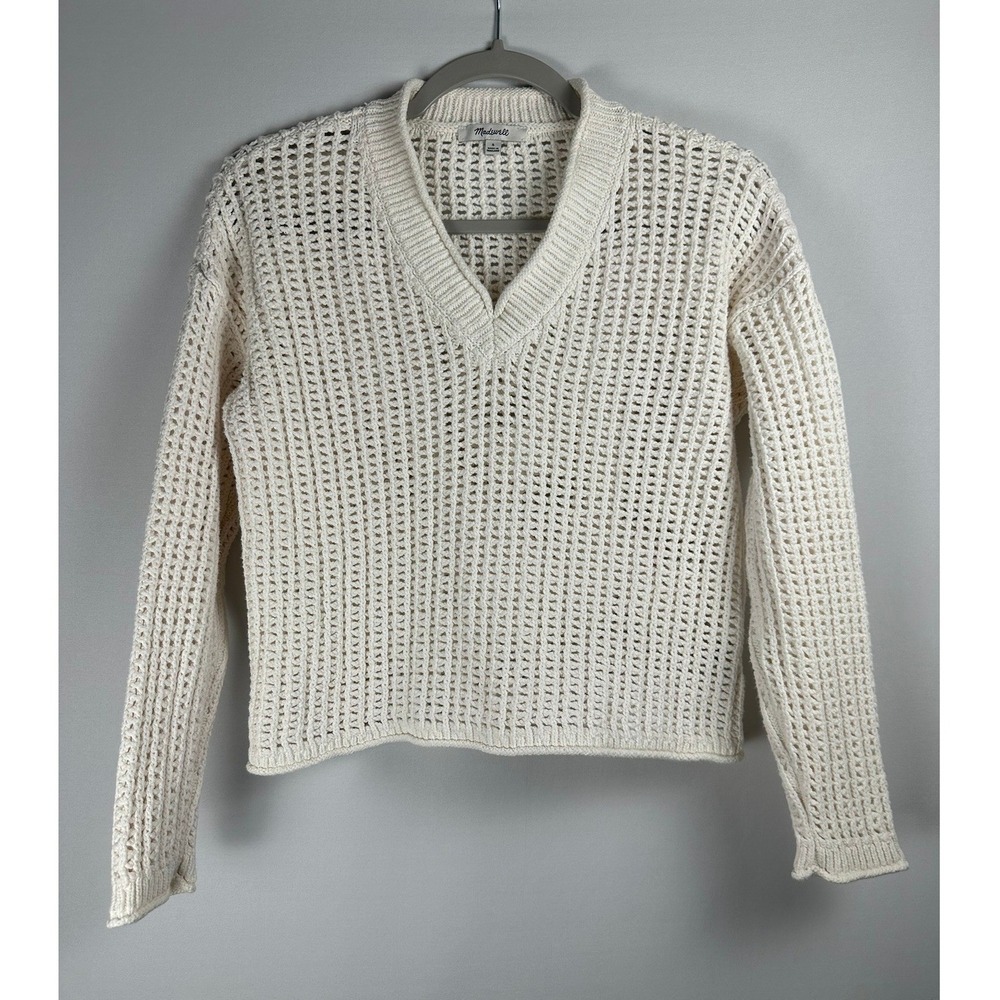 Madewell Open Knit Crochet V-Neck Boxy Cotton Sweater S Ivory Coastal Minimalist